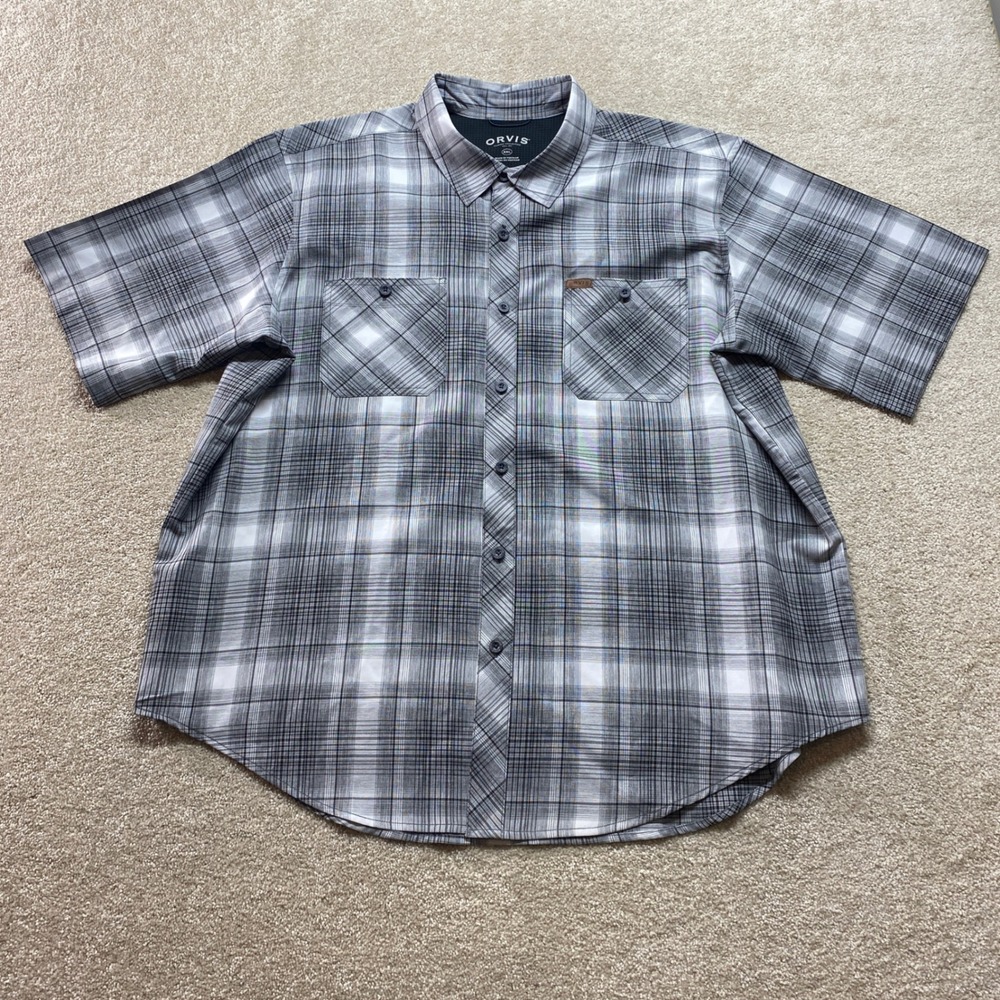 Orvis Shirt Mens 2XL‎ Classic Collection Gray Plaid Short Sleeve Button Up